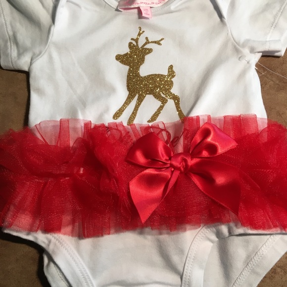 POPATU NWOT AUTHENTIC TUTU ‘OH DEER’ FESTIVE ONESIE WITH RED TRIM TUTU - Picture 2 of 7